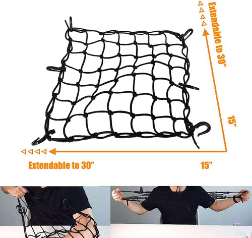 Black 15"X15" Motorcycle Cargo Net Featuring 6 Adjustable Hooks & Tight 2''X2'' Mesh Stretch up to 30'' X 30'' for Cargo Helmet Net